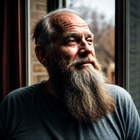 a close up of a man with a long beard looking out a window