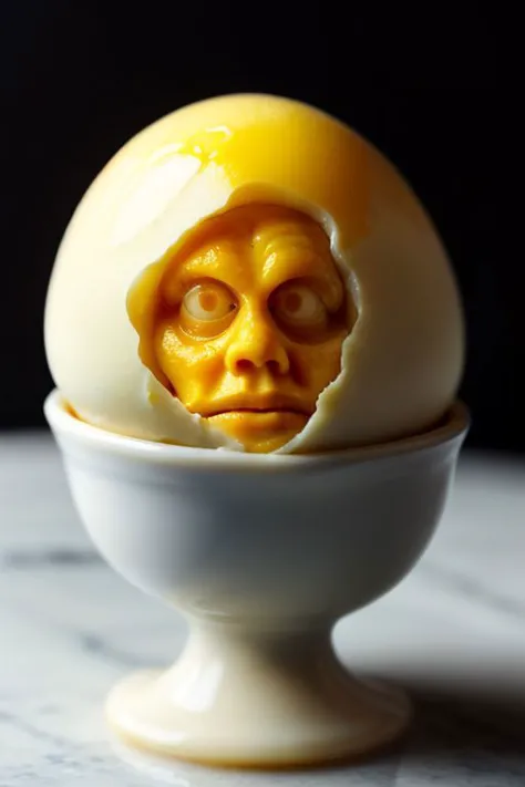 Boiled egg with egg yolk looks like a human head, morph, photo realistic