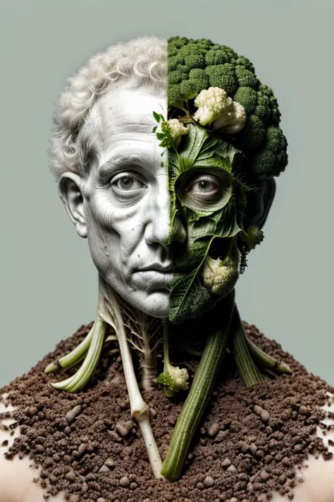 White Cauliflower, human head, neck growing from the soil, green leaves around the neck, morph, glitch, garden background, photo realism