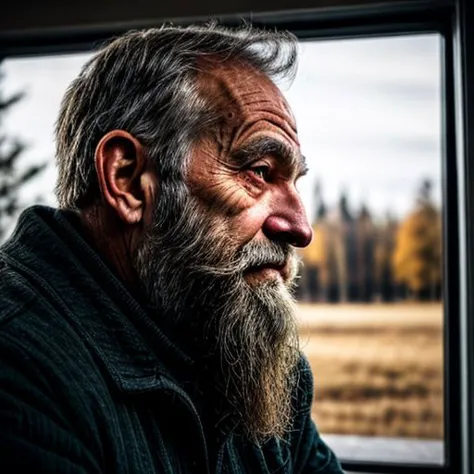 a close up of a man with a long beard looking out a window