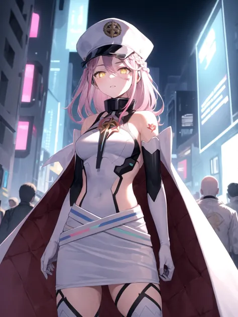 a woman in a sailor's outfit is standing in a crowded city