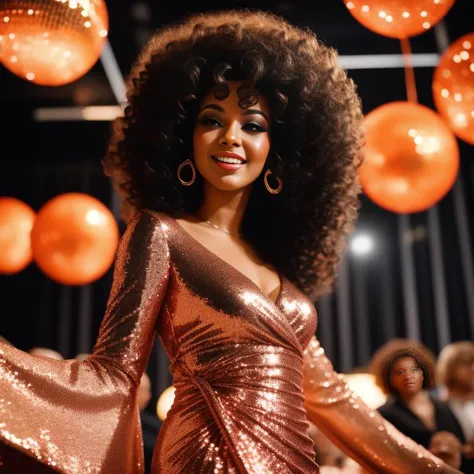 an up close photo of a young woman dressed in a sequined glamorous wrap dress. Her hair is styled in voluminous curls or a sleek afro. The setting is a retro dance floor with glittering disco balls and vibrant lights, creating a dynamic and energetic ambia...