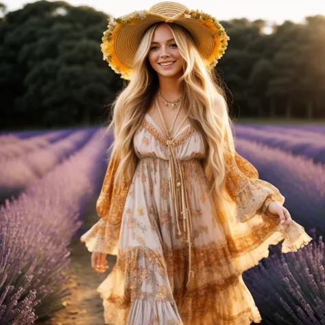 a woman in a hat and dress walking through a lavender field