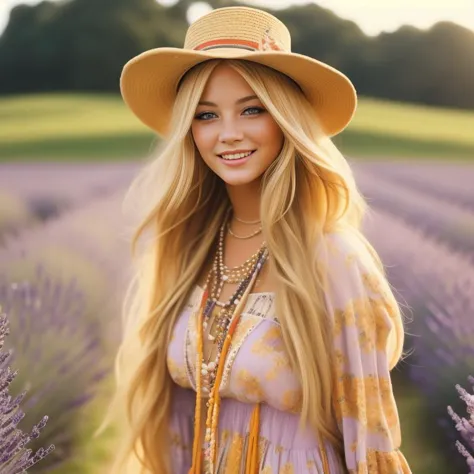A photo of a young woman with long blonde hair, wearing a bohemian floral dress and a wide-brimmed hat. She is walking through a blooming lavender field with a gentle breeze blowing through her hair. The golden hour lighting casts a warm glow on her face, ...
