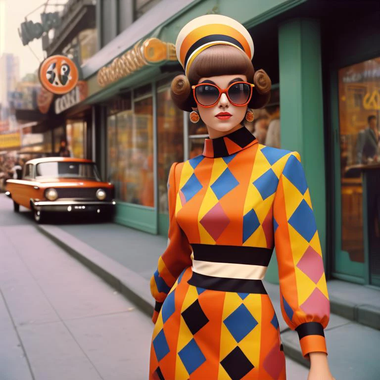 A vintage-style color photograph of a young woman in retro 1960s fashion. She wears a mod-inspired dress with bold geometric patterns and accessorizes with oversized sunglasses and a headscarf. Her hair is styled in a bouffant or beehive. The setting is a vibrant city street with vintage cars and storefronts, evoking the nostalgic atmosphere of the era. The photo captures the spirit of youthful energy and fashion-forward style.
 60Retro69Punch75