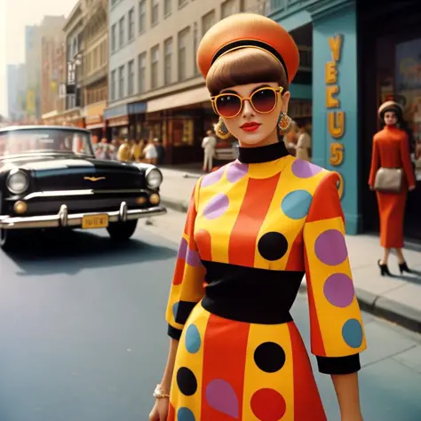 A vintage-style color photograph of a young woman in retro 1960s fashion. She wears a mod-inspired dress with bold geometric pat...