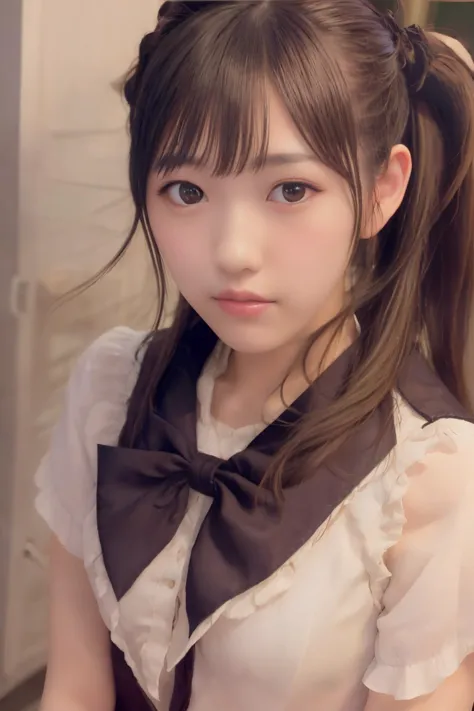 girl,4k, photo \(medium\), photorealistic,realistic,best quality,1girl,mayuyu,looking at viewer,akb48,japanese idol, portrait, upper body, serafuku, Double ponytail,cure lovely,