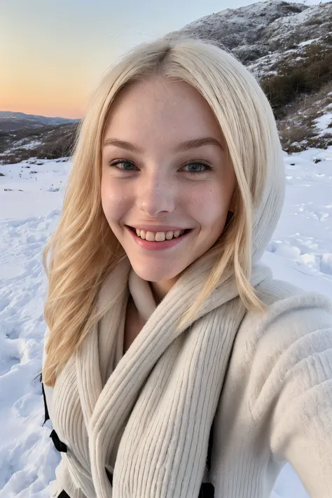 a close up of a woman taking a selfie in the snow