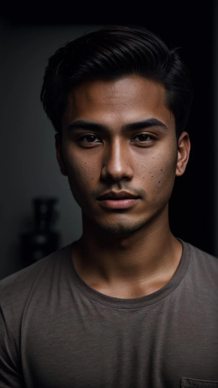 selfie portrait photo straight view of one single person 21 y.o (tanned:1.3) male face only, wearing gray shirt, short dirty-brown hair, cinematic shot, very dark dramatic blind lighting 8k uhd, natural color palette (darkt-brow-eyes:1.2) (skin-pores:1.1)
