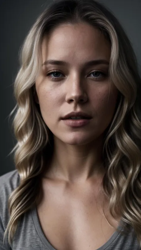 high quality, face portrait photo of straight view of 32 y.o white female face only, wearing gray shirt, wavy dirty-blonde hair, cinematic shot, very (dark:1.2) dramatic blind lighting shining across face 8k uhd, natural color palette, ray tracing