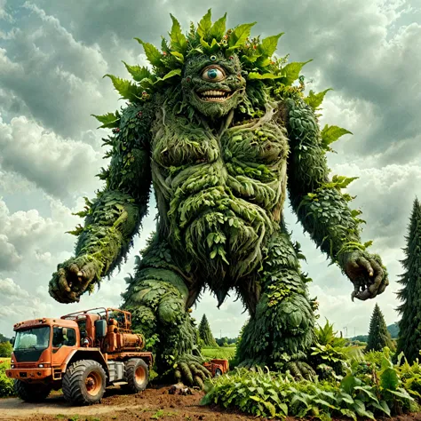panoramic photo, professional high-resolution full body photograph of 1giant Godzilla sized green man made of plants, 1 elf woma...