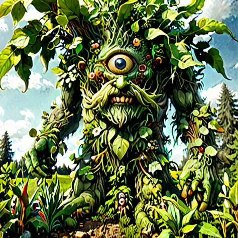 panoramic photo, professional high-resolution full body photograph of 1giant green man made of plants, 1 elf woman, smile, 1man,...