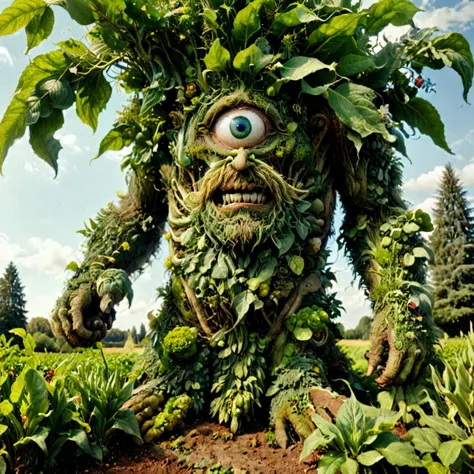 panoramic photo, professional high-resolution full body photograph of 1giant green man made of plants, 1 elf woman, smile, 1man,...