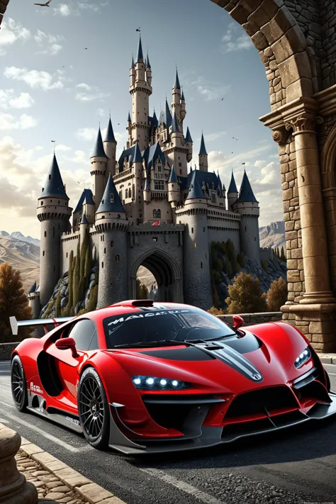 dynamic angle, masterpiece, award winning picture, concept car racing,castle background, hyper detailed,intricate, poster,artsta...