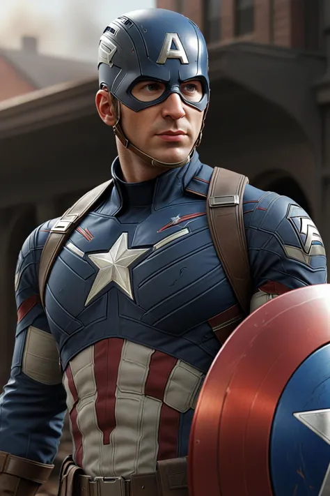 captain america is standing in front of a building with a shield