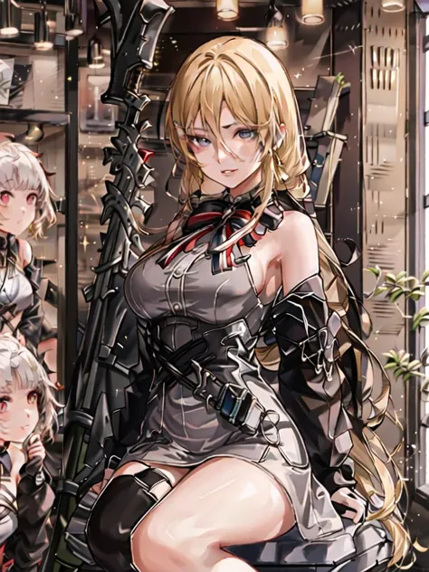 1girl,bismarck, a woman in a iron_black_elysium outfit standing in front of a bar counter, ribbon_on_chest, holding a note and a pen, black gloves, looking at viewer, blonde hair, off shoulder, parted lips, red eyes, sidelocks, sitting, skindentation, smile, solo, SFW,  detailed eyes, (masterpiece:1.4),(best quality:1.4),(shiny skin),realistic, detailed eyes,   <lora:newbismarckv3-000010:1>