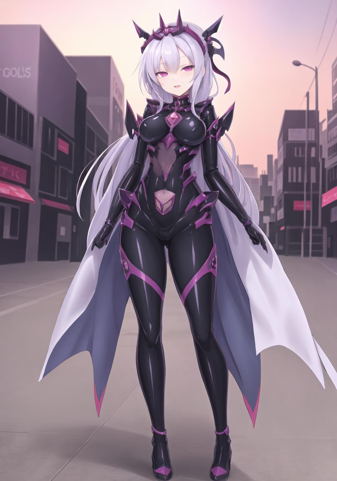 A woman in a black and purple outfit standing in a city - SeaArt AI