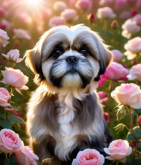 lhasa apso, UHD, 4K, a photograph of an enchanting dog enveloped in soft ethereal light, lost in the embrace of a blooming field of roses, inspiring, visually stunning