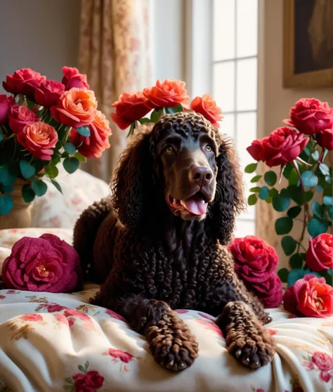 irish water spaniel, uhd, 4k, a photograph of a graceful dog, basking in soft, ethereal lighting, laying on a bed of velvety col...