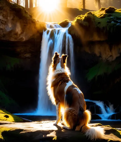 borzoi, UHD, 4K, a photograph of a adorable dog bathed in golden sunlight, he is standing gracefully near the ethereal beauty of a cascading waterfall