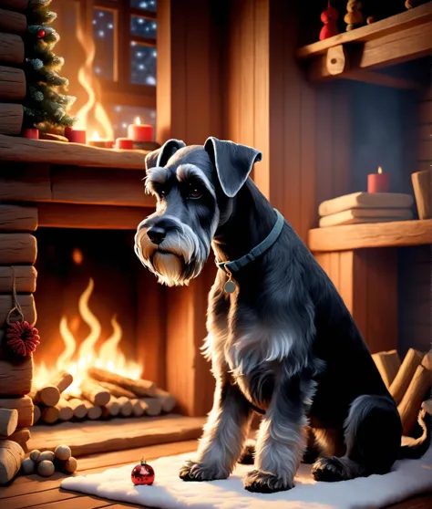 children's book illustration of a standard schnauzer, uhd, 4k, a photograph of a charming dog in a cozy winter cabin, soft warm ...