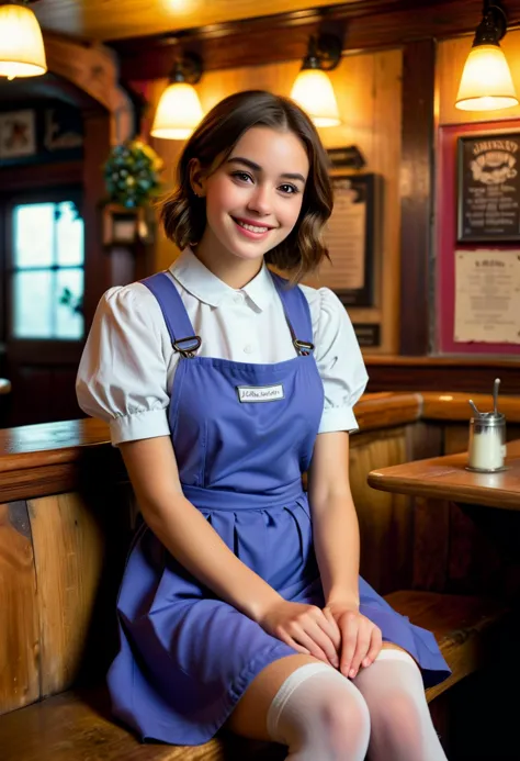 (medium full shot) of (attractive young woman:1.1) waitress, american with straight brown hair in a bob, hazel eyes, light tan skin, athletic build,             wearing Vintage-inspired uniform with a lavender dress, white apron, knee-high stockings, black heels, trendy hair barrette, wearing a name tag, laughing, arms crossed,  .set in  Snug, Intimate space tucked away from the main bar, low ceilings, candlelit tables, cushioned benches built into the walls, vintage decor, the aroma of hearty pub fare , at sunset, ,Masterpiece,best quality, photorealistic, amazing quality, very aesthetic, extremely detailed face,