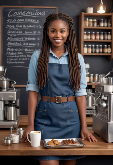 (medium full shot) of (attractive waitress) young woman, south african, dark eyes, dark skin, dark skin, brown eyes, full-figure...