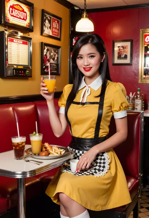 (medium full shot) of  (sexy young woman:1.1) waitress, chinese with straight black hair, dark eyes, fair skin, petite,         ...