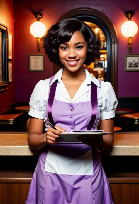 (medium full shot) of (gorgeous young woman:1.1) waitress, black american with fringe hair, dark eyes, dark skin, curvy,        ...