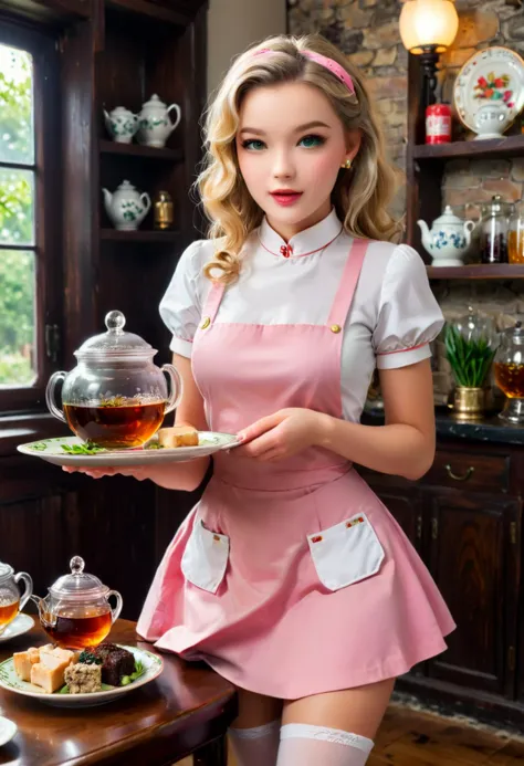 (stacked papercut art) of a  young waitress, french with curly blonde hair, bright green eyes, light skin, petite,             wearing Retro diner uniform with a pink dress, white apron, knee-high socks, black Mary Jane shoes, classic white waiter cap, carrying a tray of drinks and food, surprised, open mouth, running toward the viewer,  .set in  Tea Tasting Room, Elegant space with wooden flooring, a long tasting table adorned with delicate tea sets, shelves displaying various tea leaves in glass jars, intricate Chinese teapots, a cozy fireplace , award winning, very aesthetic, extremely detailed face,