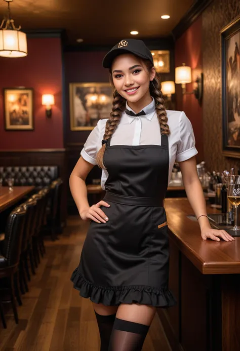 (medium full shot) of (angelic waitress) young woman, thai, straight hair, brown eyes, light brown skin, light skin, hazel eyes,...