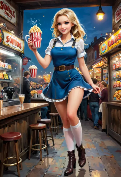 (abstract expressionist painting) of a  young waitress, russian with blonde hair, blue eyes, fair skin, tall,,             wearing Casual denim dress with a belt, sheer stockings, brown ankle boots, elegant hair comb, carrying a coffee pitcher, laughing, jumping in the air,  .set in  Games Area, Exciting section with carnival-style attractions such as ring toss and strongman competitions, colorful booths offering games of skill and chance, the cheers of winners and groans of losers filling the air, the tantalizing scent of freshly popped popcorn, the sight of prizes dangling enticingly from the booths , at night, award winning, very aesthetic, extremely detailed face,