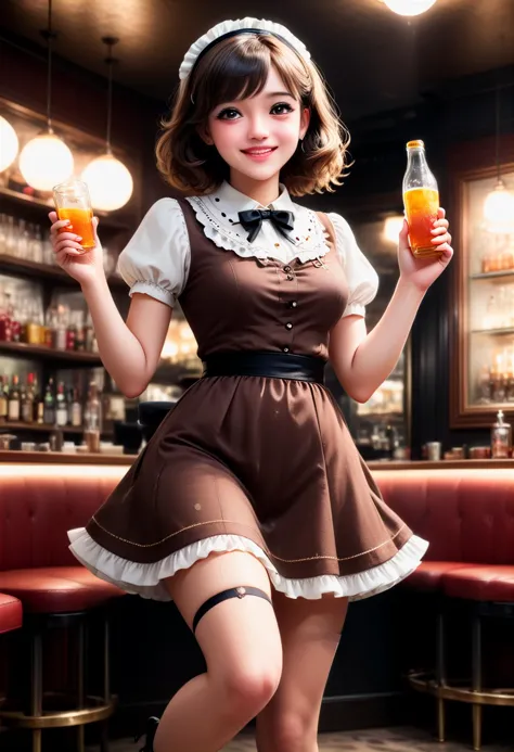 (medium full shot) of (bonnie young woman:1.1) waitress, mexican with dark hair, brown eyes, medium skin tone, medium build,             wearing Polka dot dress with a Peter Pan collar, nude stockings, black flats, retro-style headband with a bow, carrying a bottle opener, laughing, jumping in the air,  .set in  Cocktail Lounge, Dimly lit space with intimate seating arrangements, low tables adorned with candles, a gleaming bar stocked with premium spirits, plush velvet curtains, jazz music playing softly in the background , ,Masterpiece,best quality, photorealistic, amazing quality, very aesthetic, extremely detailed face,