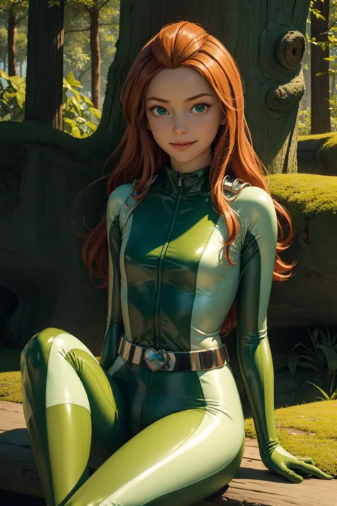 sam \(totally spies\), orange hair, long hair, green eyes,
green bodysuit, belt
smile,closed mouth,cowboy shot,sitting,
forest,o...