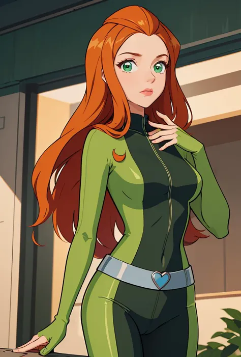 a cartoon of a woman in a green and red outfit