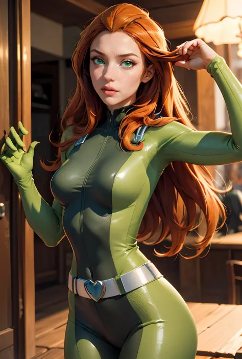 (masterpiece, best quality), 1girl,   <lora:brj-sam-v2:0.8> sam \(totally spies\), orange hair, long hair, green eyes, , green bodysuit, belt