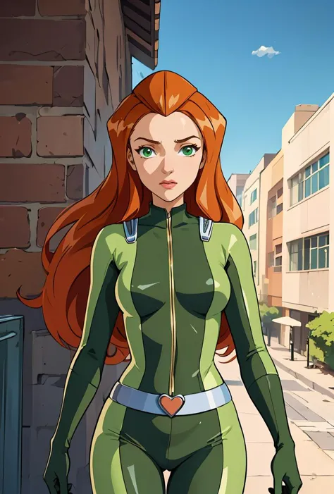 a cartoon of a woman in a green suit and red hair