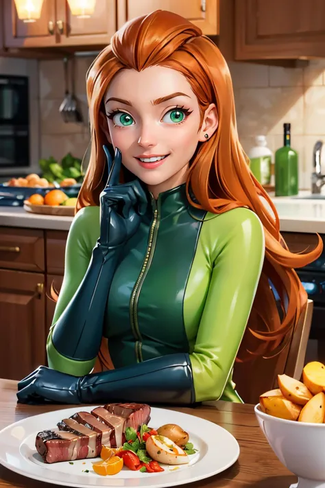 sam, totally spies, long orange hair, green eyes, green bodysuit, gloves, looking at viewer, smiling, happy, teeth, upper body shot, sitting, behind a table, inside cozy kitchen, table full of food, steak, potatoes, romantic ambiance, high quality, masterpiece <lora:brj-sam-v2:.8>