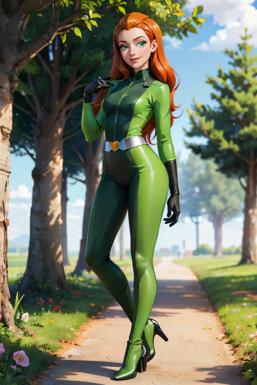 A woman in green and black catwoman costume standing on a path - SeaArt AI