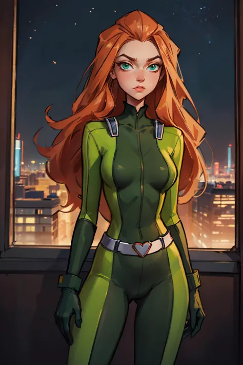 sam, totally spies, long orange hair, green eyes, green bodysuit, belt, gloves, looking at viewer, serious, standing, inside office, window, cityscape, night time, neon lighting, high quality, masterpiece <lora:brj-sam-v2:.8>