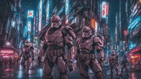 Action-Aufnahme eines weißen Stormtrooper-Cybersamurai im Stil von aipub, BREAK Dystopische Slums, Raue Stadtkulisse mit heruntergekommenen Gebäuden, Neonlichter, Straßenkehrer, und Überwachungssysteme., (((Meisterwerk,beste Qualität, gute Qualität)))