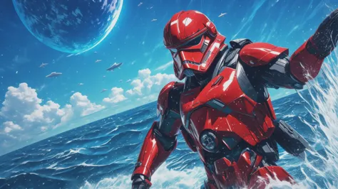 action shot of a red stormtrooper in the style of aipub, <lora:StormTrooperE10:0.75> <lyco:aipub-v3:0.7> <lora:cybersamuraiV2E12:0.55> <lora:actionshot:0.7> BREAK Sky Ocean Planet, Ocean planet with floating islands and sky-bound waterfalls., (((masterpiece,best quality, high quality)))