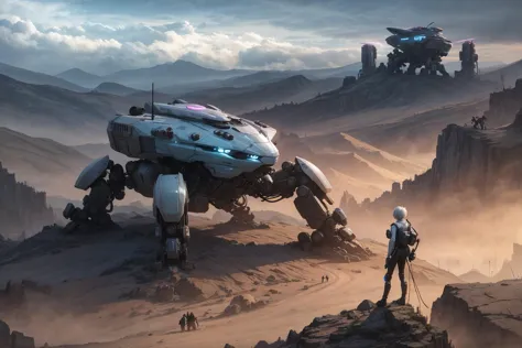 a man standing on top of a mountain next to a giant robot