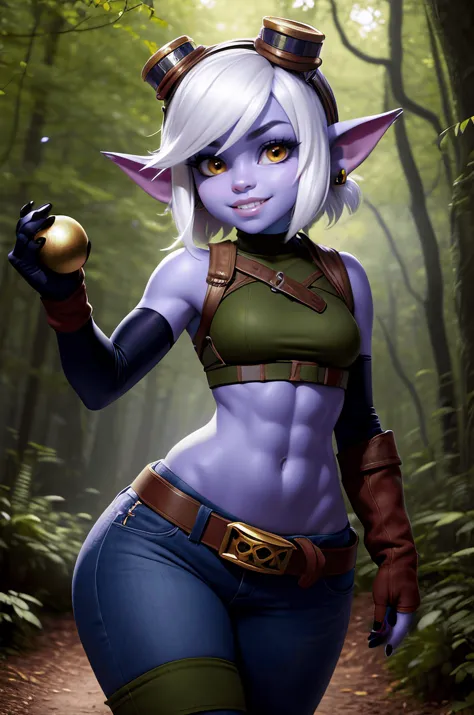 1girl, solo, outdoors, magical forest background, looking at viewer, goggles, goggles on head, gloves, navel, jewelry, earrings, fingerless gloves, elbow gloves, belt, green pants, crop top arm sleeves, grenade belt, toeless legwear, blue skin, smile, abs, tristana, purple skin, white hair, yellow eyes, earrings, black nails, slim waist, sexy pose, 