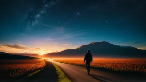 man walking into the sunset, field, road, scenery, mountains, stars, cinematic, glowing light, shine, amazing contrast