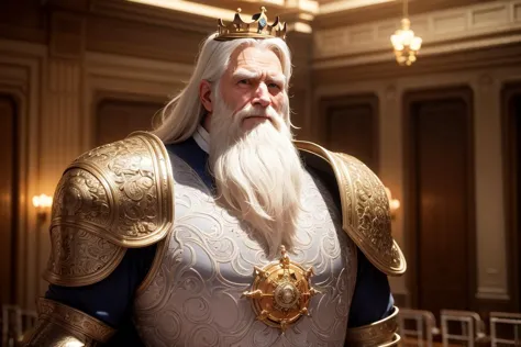 ultra detailed 8k qhd hdr render, old man, king, (large crown:1.2), white hair, long beard, upper body, suit of armor, grand hall of heroes, intricate patterns