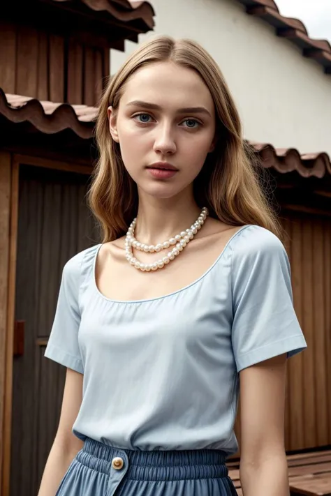 a woman wearing a blue top and a pearl necklace