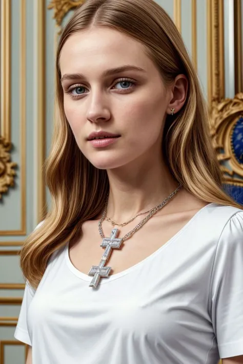 a woman wearing a white shirt and a cross necklace