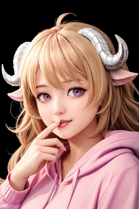 ultra detailed, sharp focus, best quality, masterpiece, high contrast, dynamic lighting,  <lora:CHAR-Eyjafjalla:0.8> Eyjafjalla, curled horns, ahoge, long hair, blond hair, lavender eyes, pink hoodie, pink lipstick, happy, medium shot, finger in mouth, best quality, masterpiece, intricate details