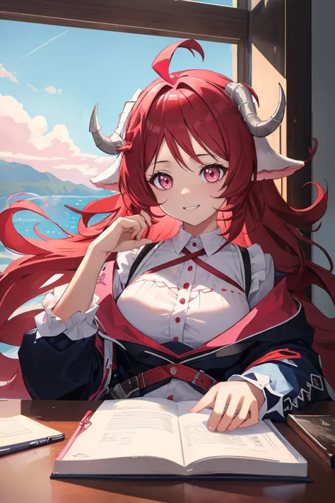 ultra detailed, sharp focus, best quality, masterpiece, vivid colors, colorful, (bright colors:1.2), high contrast, 1girl, <lora:CHAR-Eyjafjalla:0.9> Eyjafjalla, curled horns, ahoge, sitting, long hair, wide grin, evil face, (red hair:1.2), glowing eyes, pink eyes, desk, notebook, volumetric lighting, best quality, masterpiece, intricate details, dim lighting, 3/4 shot, looking at the viewer